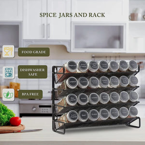 Spice Rack with 28 Spice Jars, Spice Rack Organizer for Cabinet, Spice Jars with Labels, 432 Spice Labels, 4 Tier Seasoning Organizer for Countertop, Cabinet, Kitchen, Pantry, Cupboard