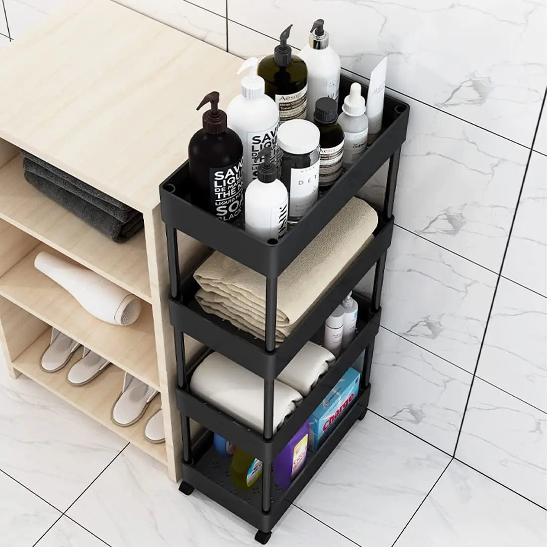Slim Storage Cart with Wheels, 4 Tier Bathroom Storage Organizer Rolling Utility Cart Mobile Shelving Unit for Bathroom Kitchen Laundry Room Office Narrow Place (Black)