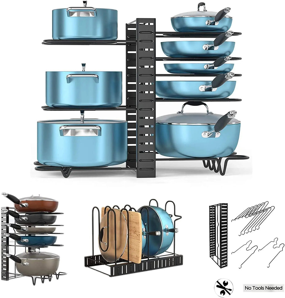 Pot Rack Organizers,8 Tier Pots and Pans Organizer,Adjustable Pot Rack & Pan Rack for Kitchen Counter and Cabinet,With 3 DIY Methods (Black)