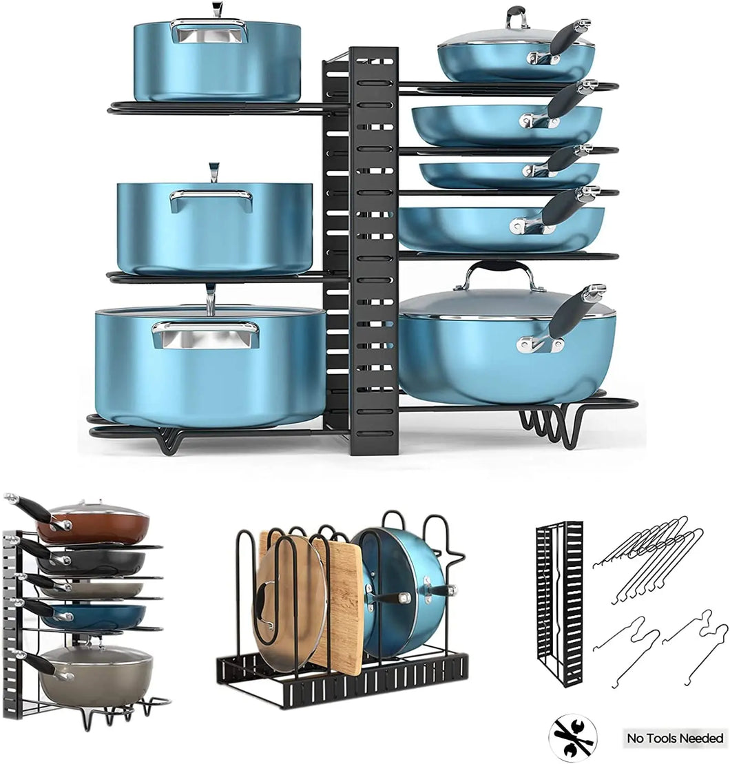 Pot Rack Organizers,8 Tier Pots and Pans Organizer,Adjustable Pot Rack & Pan Rack for Kitchen Counter and Cabinet,With 3 DIY Methods (Black)