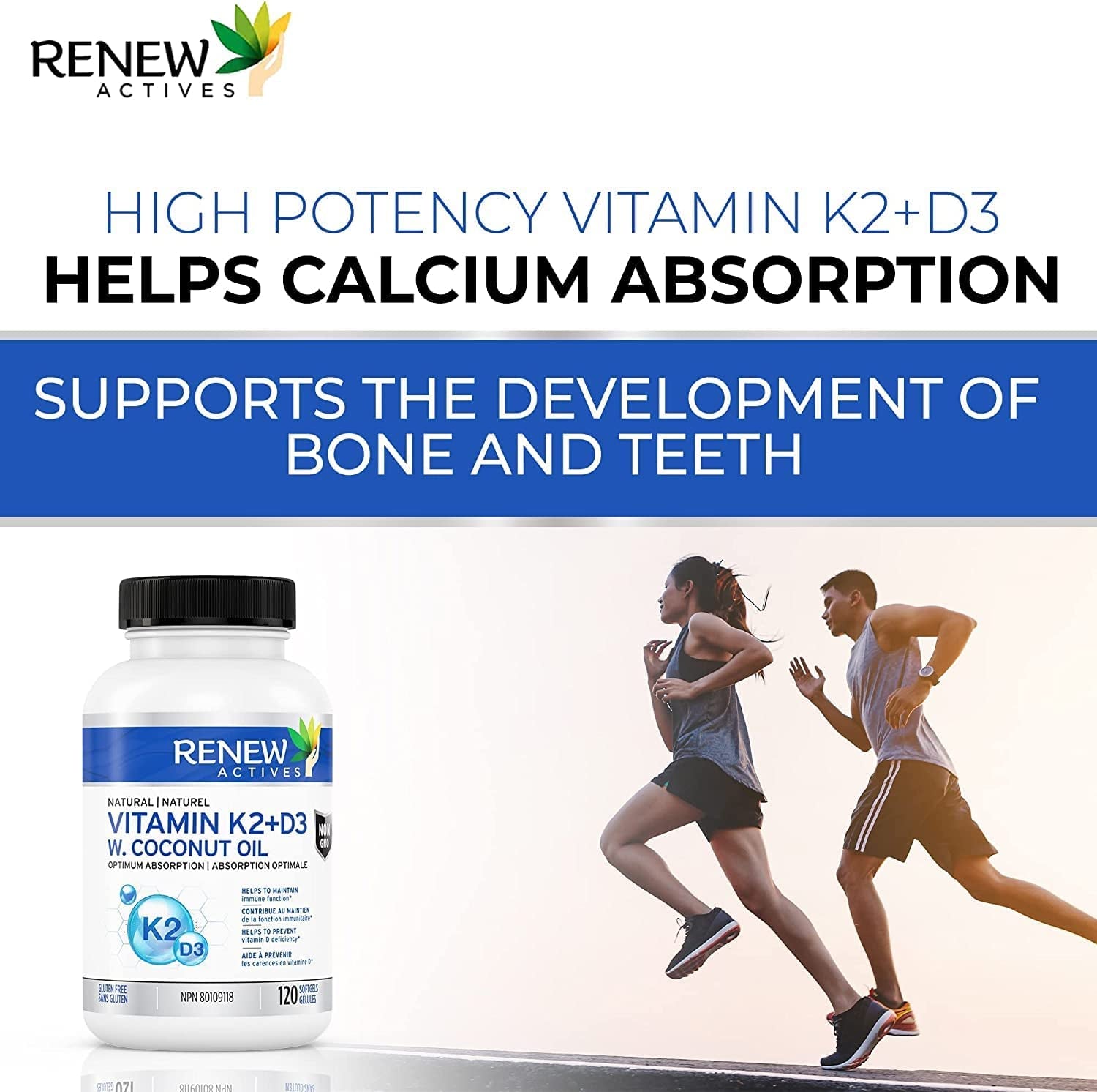 HIGH POTENCY  D3 K2 Supplement with Organic Coconut Oil for Enhanced Absorption - 1000 UI Vitamin D and 120 MCG of Vitamin K - Supports Bone, Teeth & Heart Health. Natural Immune Support. 120 Easy to Swallow Capsules. Made in Canada!