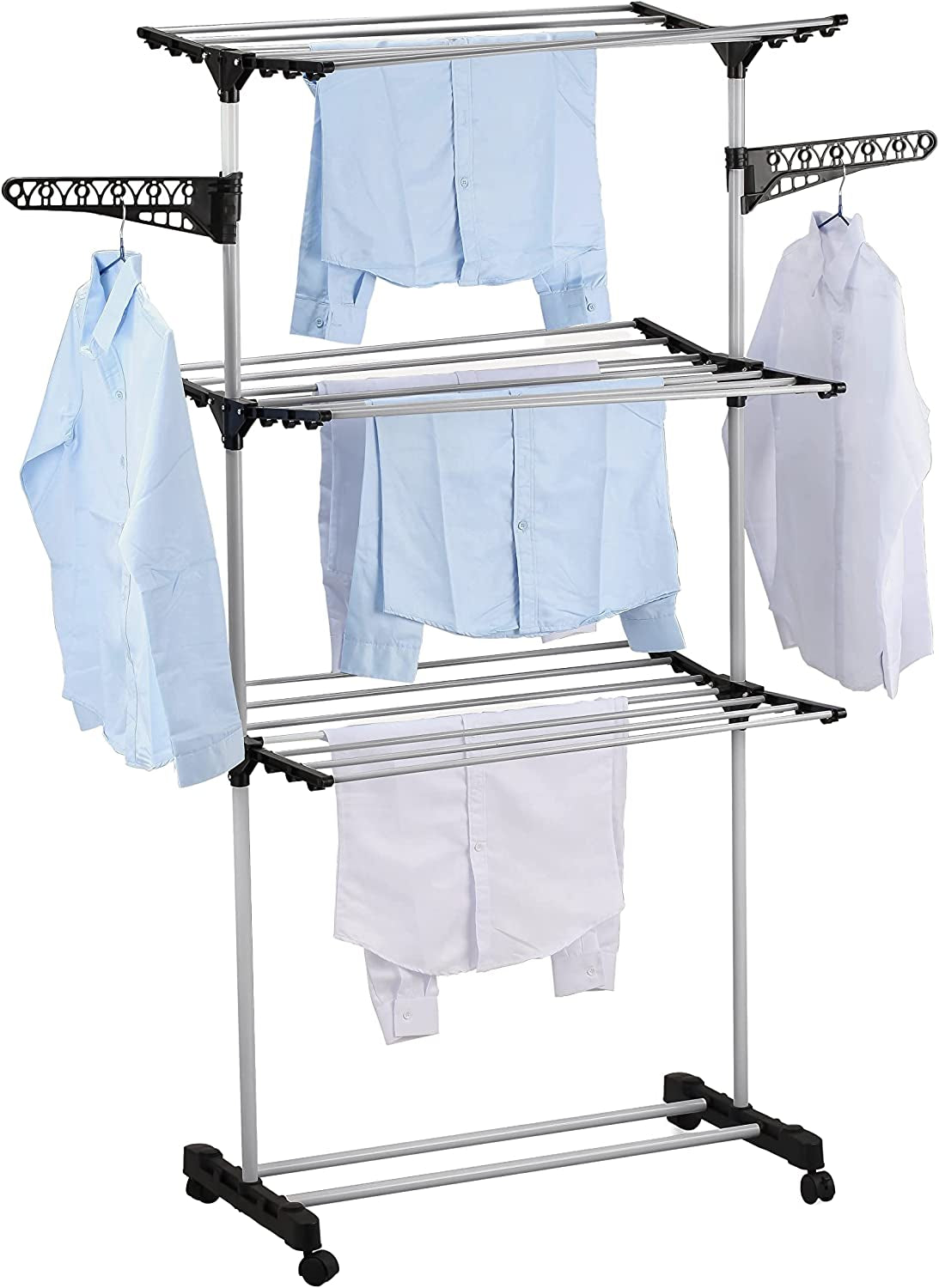 Folding 3 Tier Clothes Laundry Drying Rack, Stainless Steel Tubes, Rolling Collapsible Garment Laundry Dryer Hanger Stand Rail Indoor & Outdoor Home