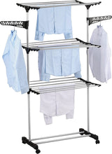 Load image into Gallery viewer, Folding 3 Tier Clothes Laundry Drying Rack, Stainless Steel Tubes, Rolling Collapsible Garment Laundry Dryer Hanger Stand Rail Indoor &amp; Outdoor Home
