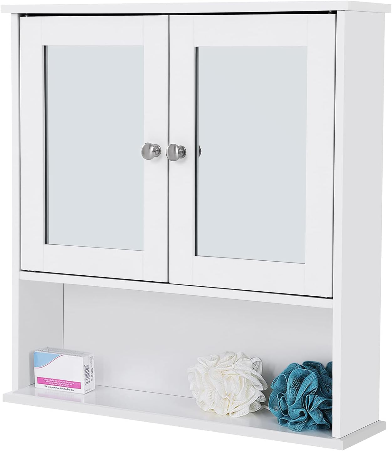 Double Mirror Doors Bathroom Cabinet, Wall Cabinet, Storage Cupboard, Wall-Mounted Storage Unit, Adjustable Height Shelves, 56 X 13 X 58 Cm, White LHC002