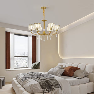 Gold Chandelier,6 Lights Wagon Wheel Chandeliers with Clear Crystal Shades,Modern Mid Century Hanging Pendant Light Fixture for Dining Room Living Room Bedroom(E14 Base)