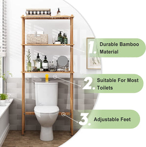 over the Toilet Storage Shelf Bamboo, 3-Tier over Toilet Organizer Rack, Freestanding above Toilet Shelf for Bathroom, Laundry, Space Saver, Natural Color