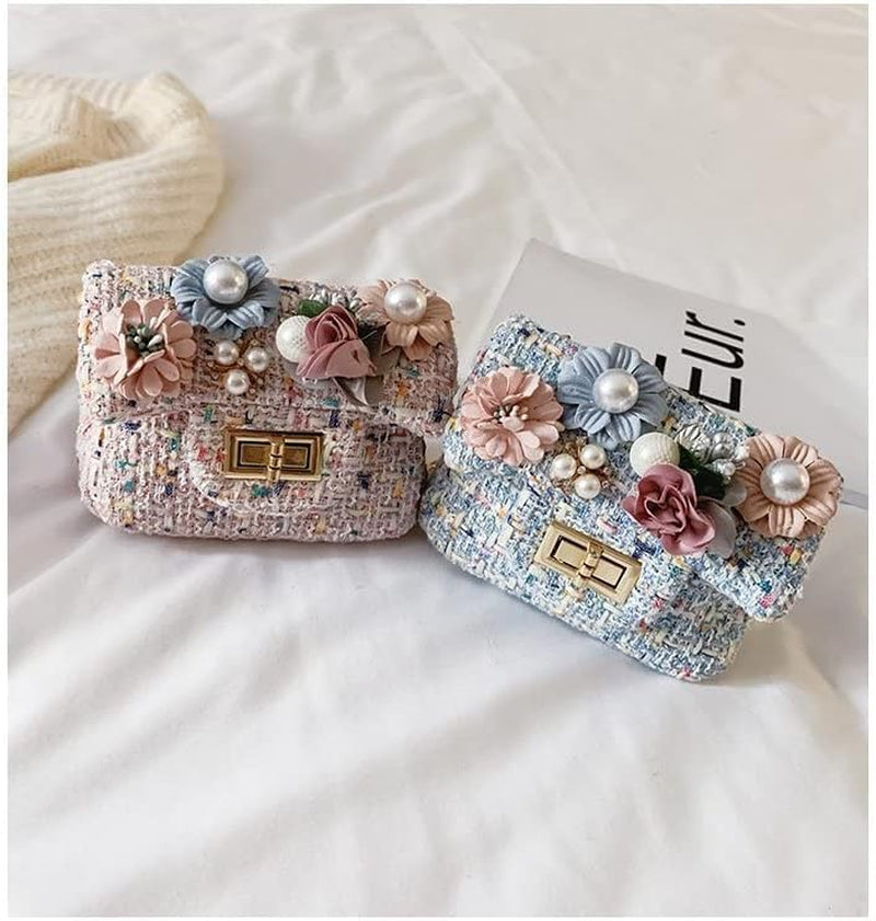 Exquisite Cute Sweet Fashion Mini Purse with Flowers and Pearl for Toddler Girls Crossbody Princess Handbags Shoulder Bag Casual Party Holiday Events Girls Accessories
