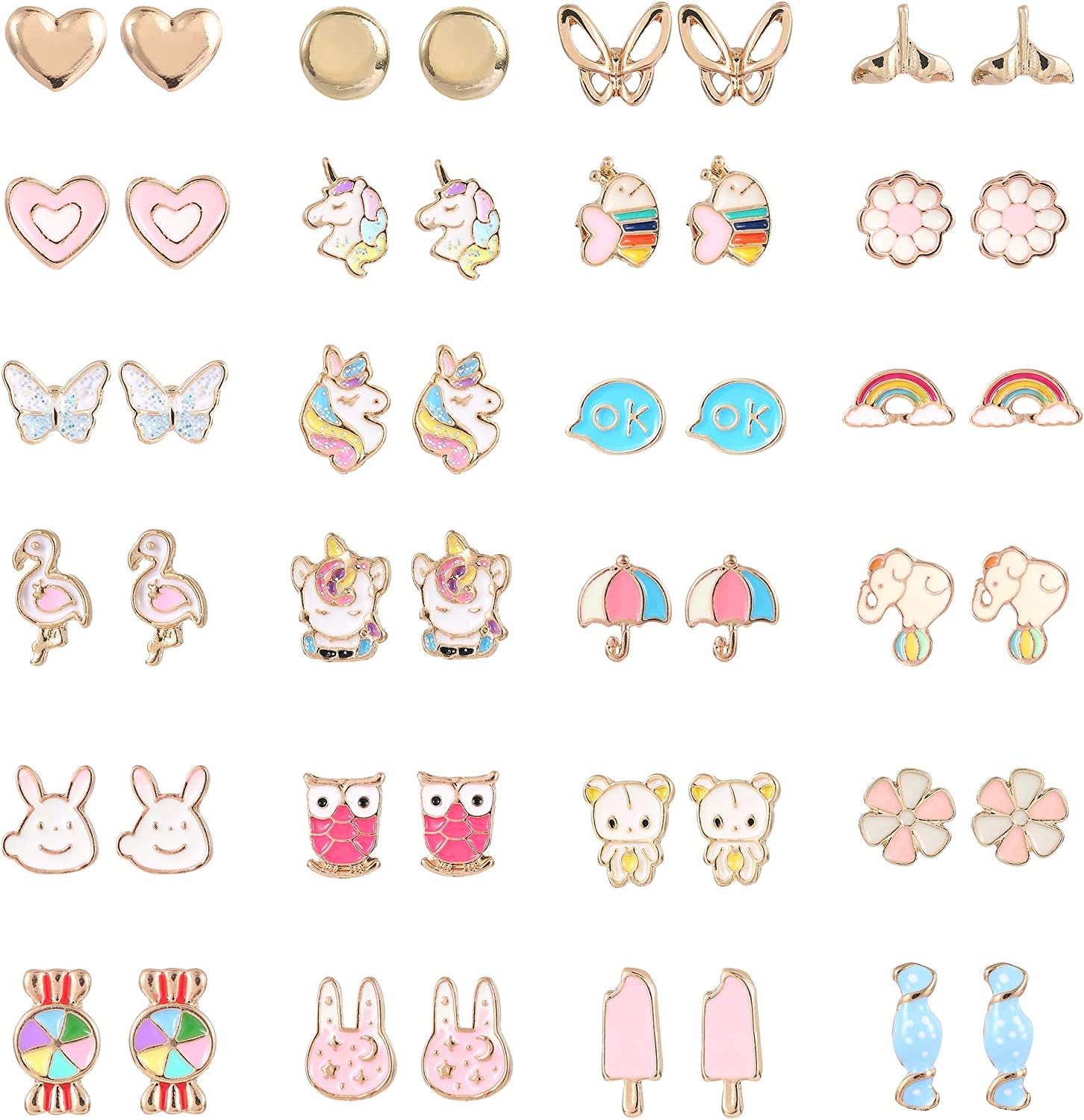 24 Pairs Hypoallergenic Earrings Set for Girls Teens Kids Stainless Steel Stud Earrings Set Animal Butterfly Rainbow Star Unicorn Cute Earring Jewelry Gifts for Girls Kids Women