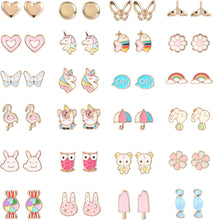 Load image into Gallery viewer, 24 Pairs Hypoallergenic Earrings Set for Girls Teens Kids Stainless Steel Stud Earrings Set Animal Butterfly Rainbow Star Unicorn Cute Earring Jewelry Gifts for Girls Kids Women
