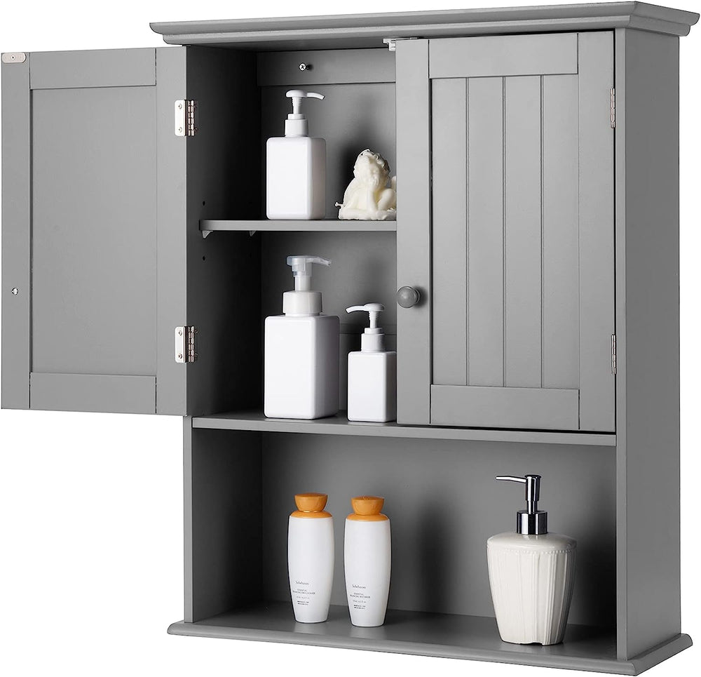 Bathroom Wall Cabinet, Wall Mounted Wooden Kitchen Cupboard Storage Cabinet, W/2 Doors & 2-Tier Adjustable Shelves, Home Office Storage Organizer for Bathroom Kitchen & Laundry, 60CM (Grey)