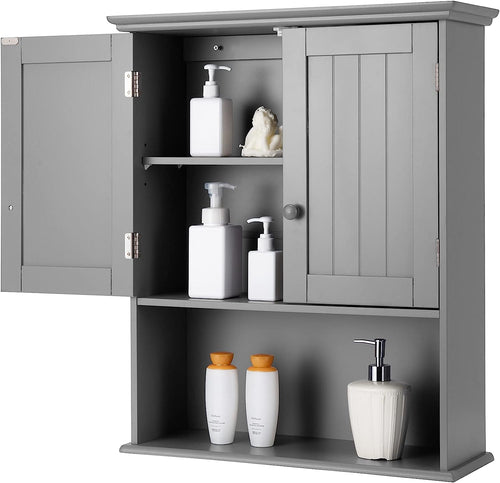 Bathroom Wall Cabinet, Wall Mounted Wooden Kitchen Cupboard Storage Cabinet, W/2 Doors & 2-Tier Adjustable Shelves, Home Office Storage Organizer for Bathroom Kitchen & Laundry, 60CM (Grey)