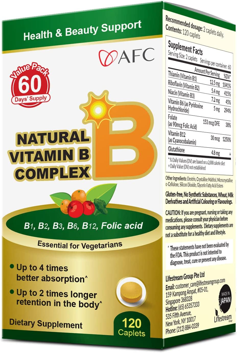 Japan Natural Vitamin B Complex - with B1, B2, B3, B6, B12, Folic Acid and Glutathione Yeast Extract - Supplement for Stress, Energy, Immune and Nervous System Support – Vegan, 120 Caplets