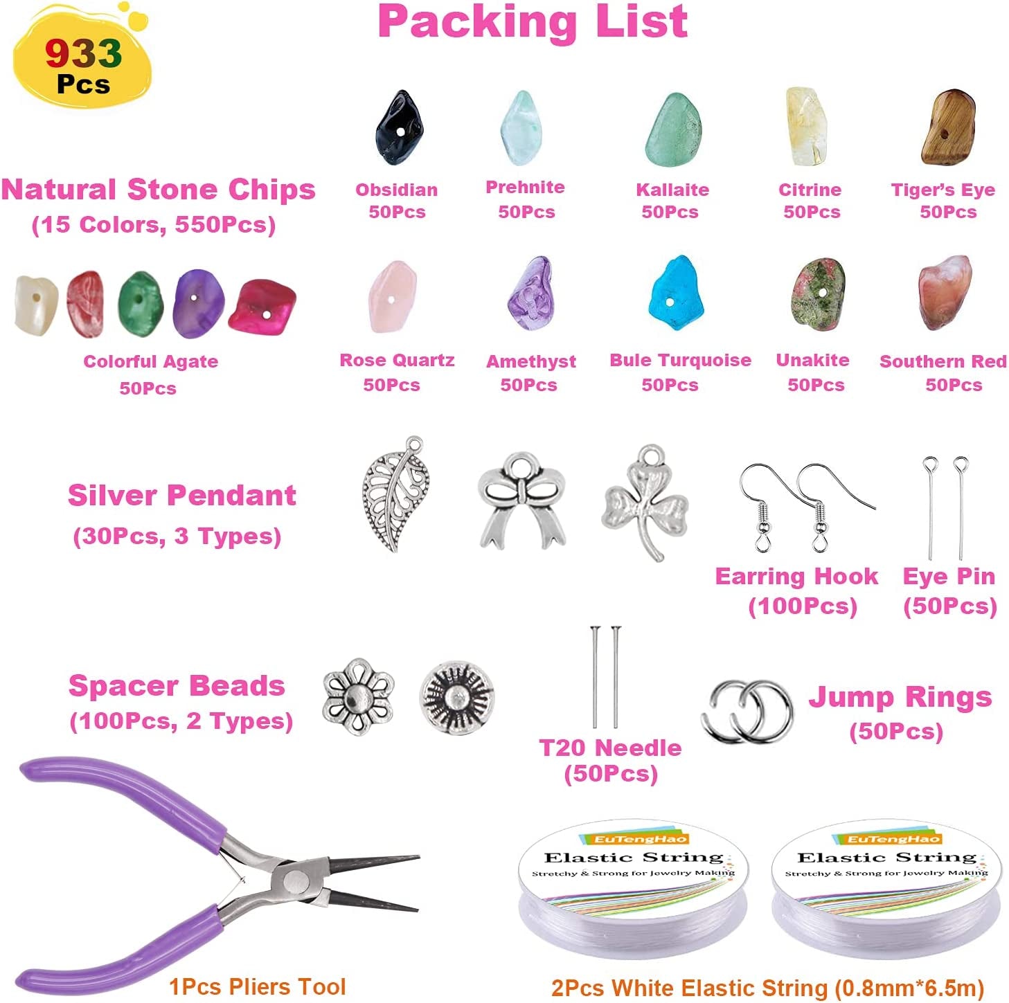 933Pcs Irregular Chips Stone Beads Natural Gemstone Beads Kit with Ear Wire Spacers Beads Pendants Elastic String Jump Rings for DIY Jewelry Necklace Bracelet Earring Making Supplies