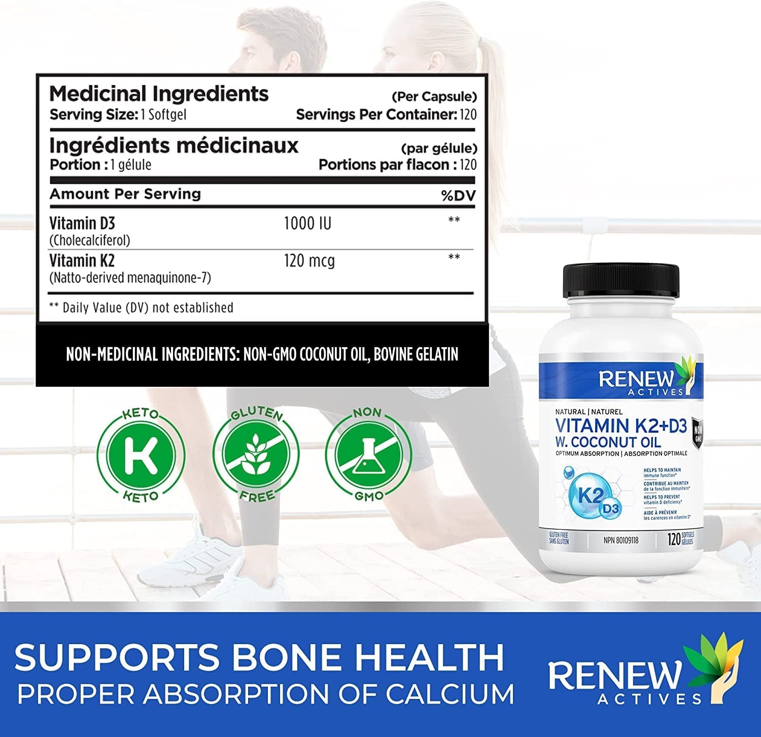 HIGH POTENCY  D3 K2 Supplement with Organic Coconut Oil for Enhanced Absorption - 1000 UI Vitamin D and 120 MCG of Vitamin K - Supports Bone, Teeth & Heart Health. Natural Immune Support. 120 Easy to Swallow Capsules. Made in Canada!
