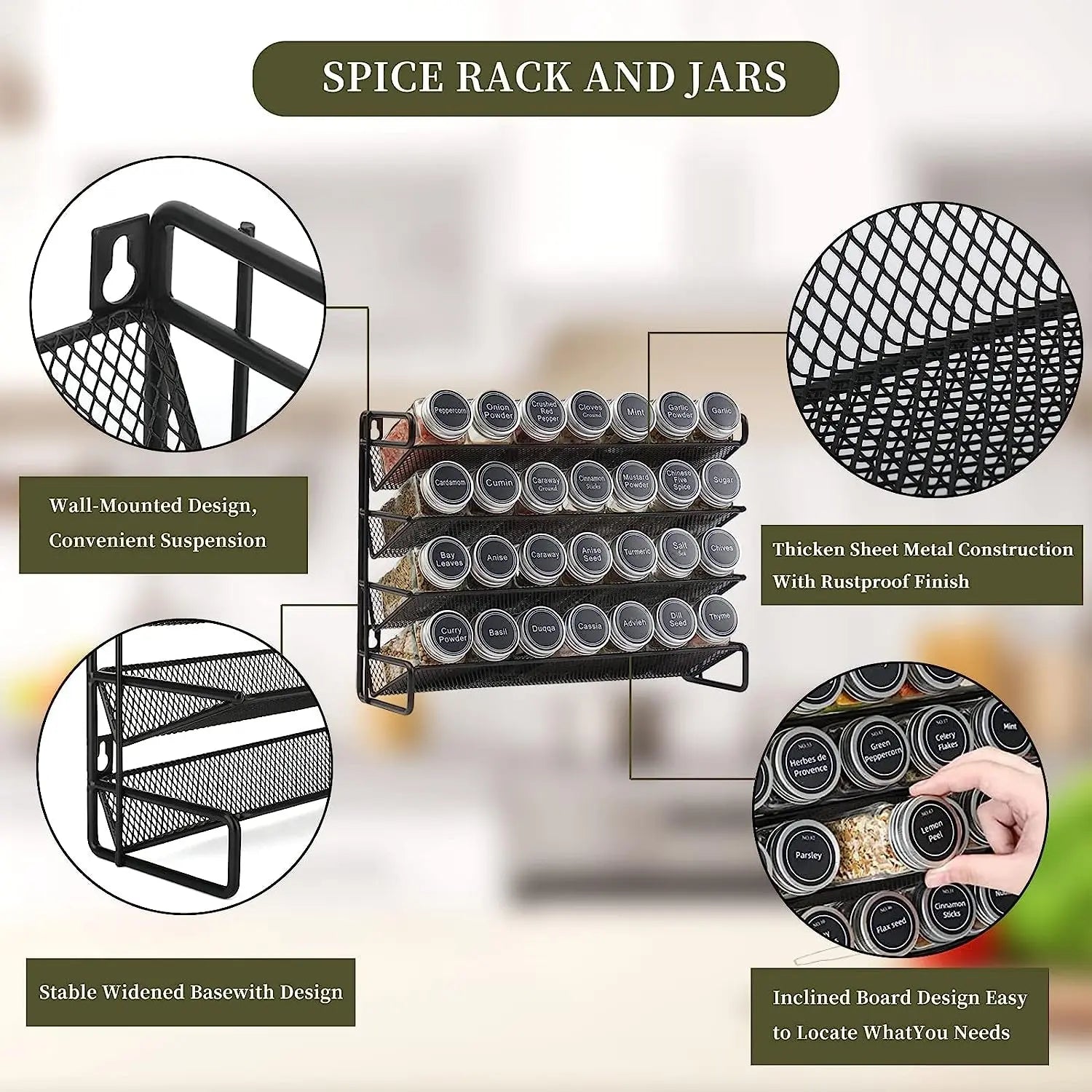 Spice Rack with 28 Spice Jars, Spice Rack Organizer for Cabinet, Spice Jars with Labels, 432 Spice Labels, 4 Tier Seasoning Organizer for Countertop, Cabinet, Kitchen, Pantry, Cupboard