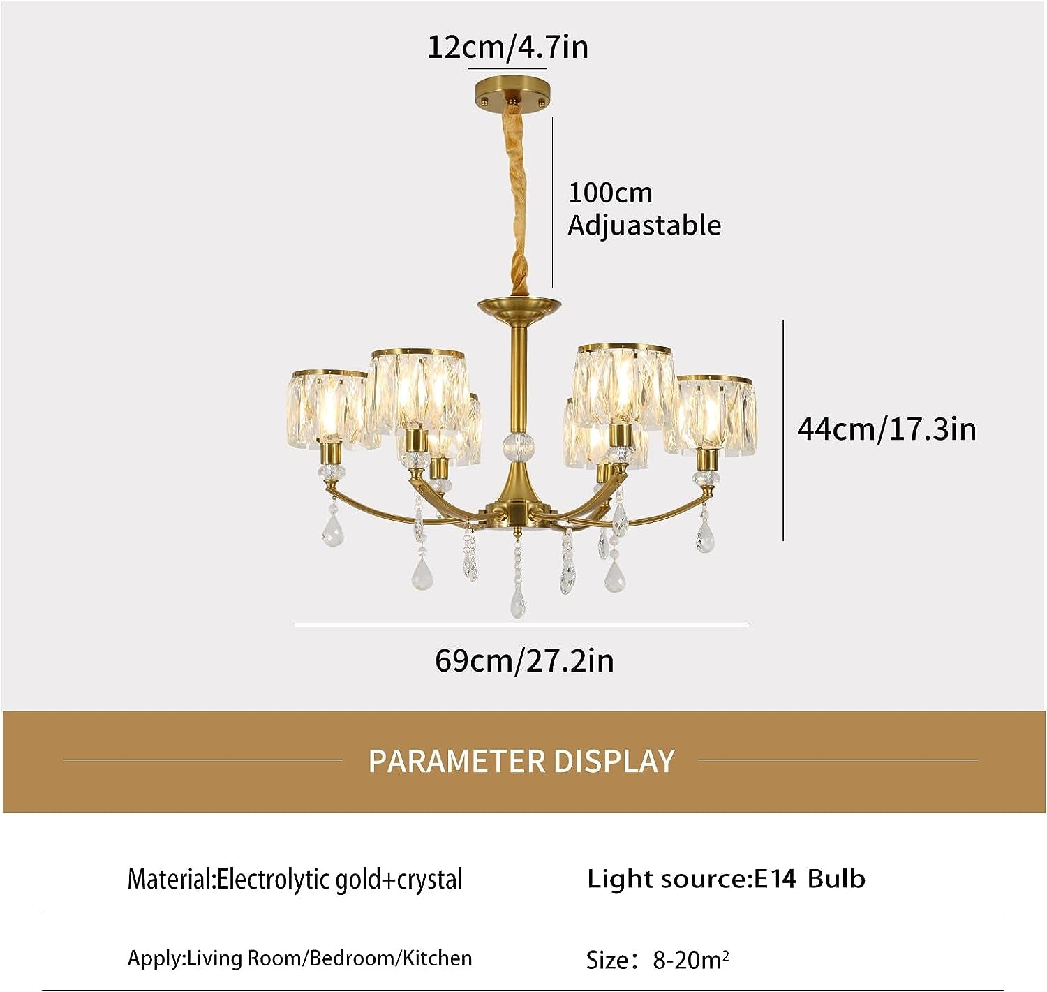 Gold Chandelier,6 Lights Wagon Wheel Chandeliers with Clear Crystal Shades,Modern Mid Century Hanging Pendant Light Fixture for Dining Room Living Room Bedroom(E14 Base)