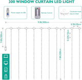 Fairy Curtain Lights,  300 LED Window Curtain String Light Wedding Party Home Garden Bedroom Outdoor Indoor Wall Decorations (Warm White)