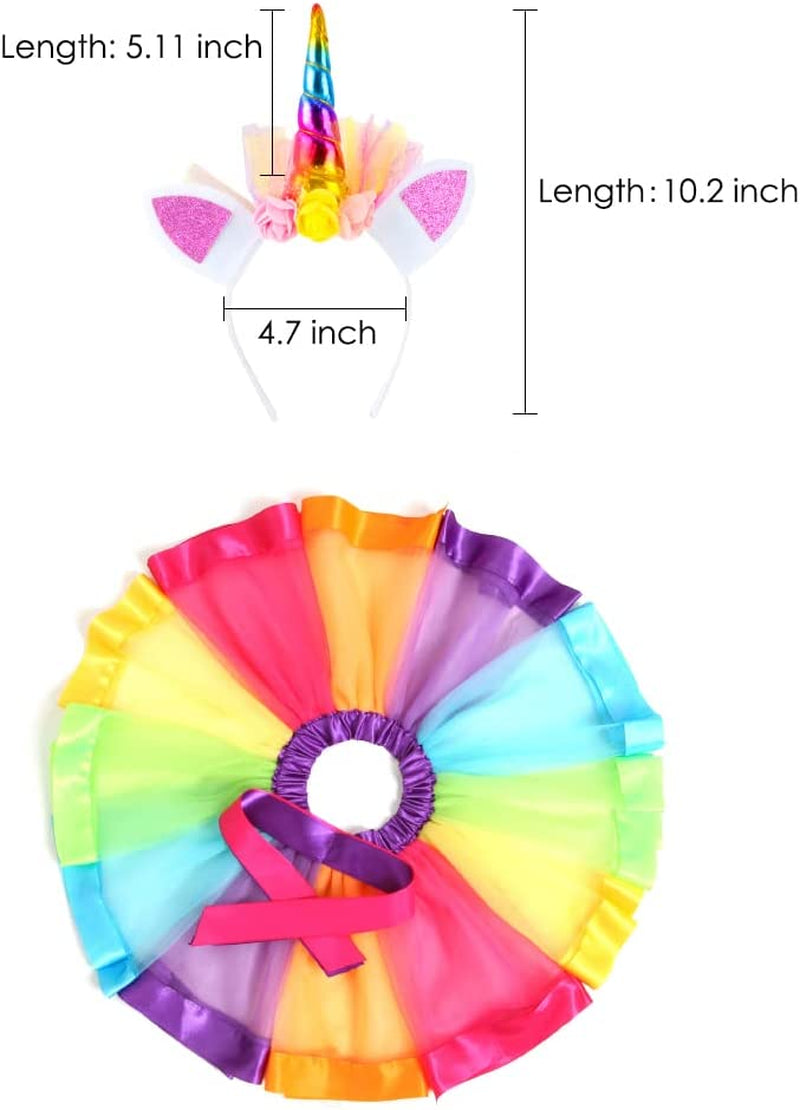 Girl Tutu Skirt, Rainbow Tulle Dress up with Unicorn Headband Baby Girls Ballet Costume for Birthday Party Photography Halloween Children'S Day Outfit for 2-8 Years Kids