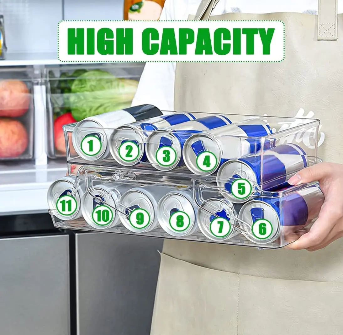 2-Pack Soda Can Organiser Bin for Refrigerator, 2-Tier Stackable Can Holder Dispenser with Automatic Rolling, Fridge Storage Rack, for Australia Beverage Beer Soda Seltzer Pop Can and Canned Food, for Fridge Freezer Pantry Cabinet Kitchen, Clear Design