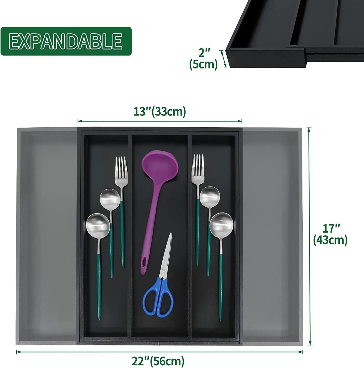 Bamboo Black Expandable Kitchen Drawer Organizer, Adjustable Utensil Holder and Cutlery Tray Organiser, Drawer Divider for Silverware, Flatware, Knives in Kitchen, Bedroom, Living Room