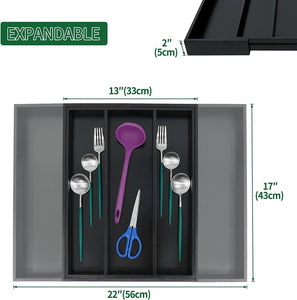 Bamboo Black Expandable Kitchen Drawer Organizer, Adjustable Utensil Holder and Cutlery Tray Organiser, Drawer Divider for Silverware, Flatware, Knives in Kitchen, Bedroom, Living Room