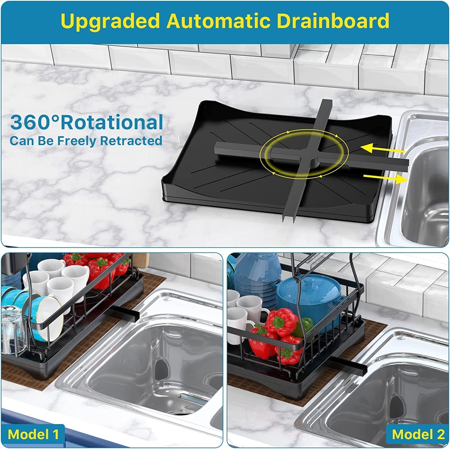 Dish Drying Rack, 2 Tier Dish Rack with Drain Board for Kitchen Counter, Stainless Steel Dish Drainer with Drainage Utensil Holder, Cutlery Rack, Cup Holder, Cutting Board Holder