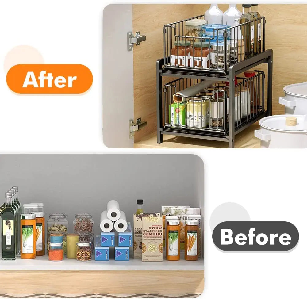 Under Sink Storage 2 Tier Stackable Sliding Basket Organizer Drawer Pull Out Drawer Sliding Basket for Kitchen and Bathroom/Cabinet Drawers,Black