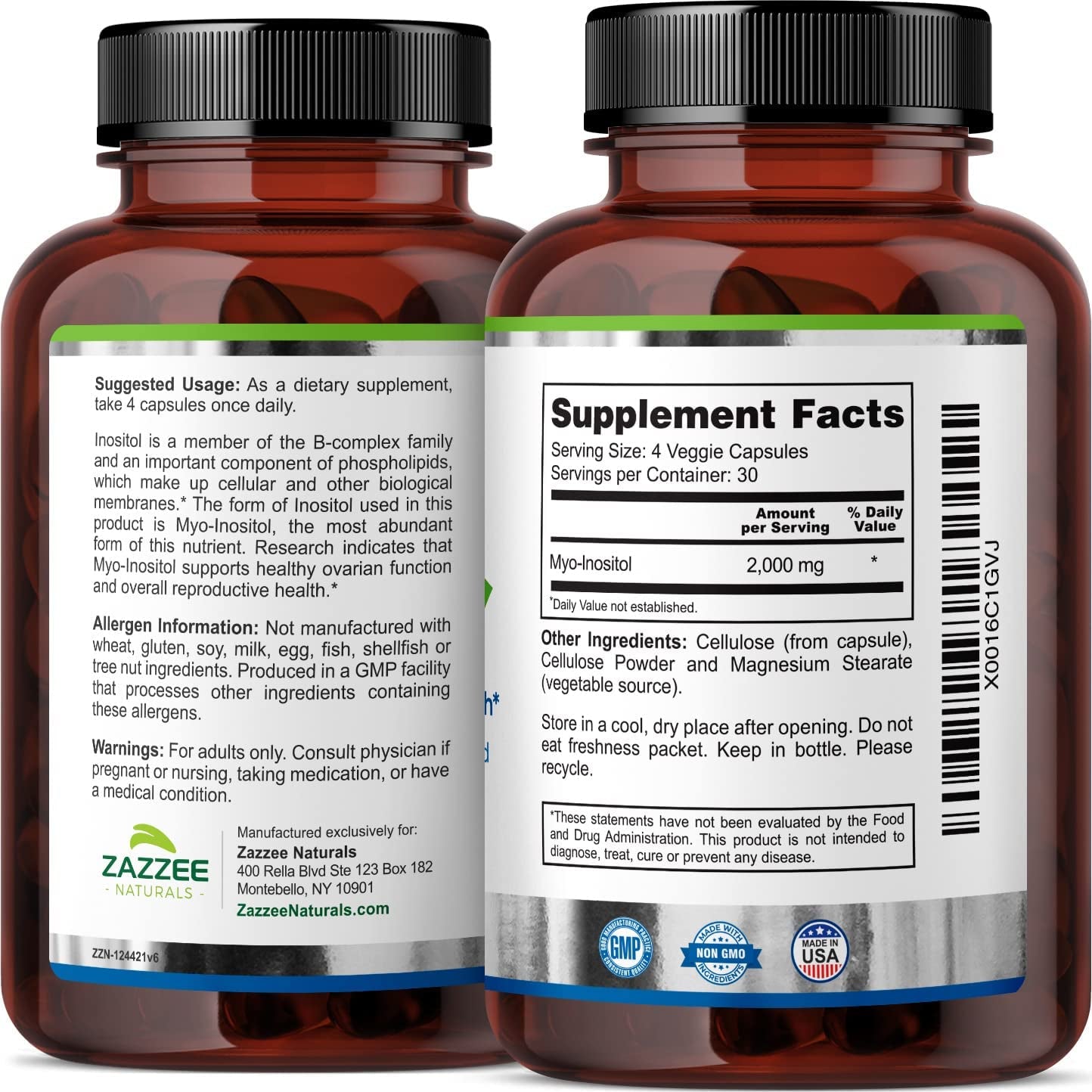 Myo-Inositol 120 Veggie Capsules, 2000 Mg per Serving, 100% Pure, Pharmaceutical Grade, Vegan, Non-Gmo and All Natural