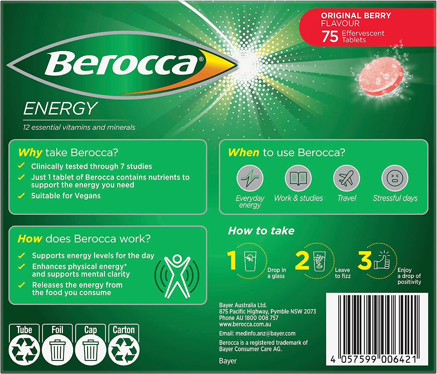 Energy Vitamin with 12 Essential Vitamins and Minerals to Help Support Physical Energy and Mental Sharpness, Original Berry Flavour, 75 Effervescent Tablets, Red