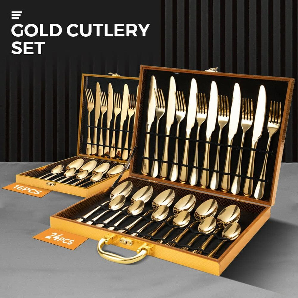 Gold Cutlery Set, Stainless Steel Silverware Set,24 Pieces Dinner Forks and Spoons, Flatware Cutlery Set for Ceremony, Home Party, Kitchen, Wedding, Restaurant, Party, Event, Banquet, Birthday Dinner Party, (24)