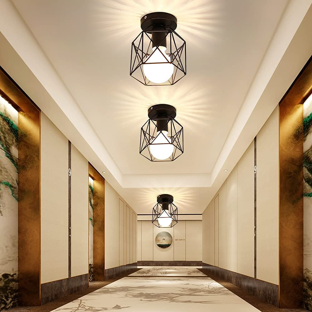 Vintage Hallway Ceiling Light E27 Edison Industrial Ceiling Light Max 40W Black Metal Semi Flush Mount Ceiling Light for Hallway Kitchen Hotel Restaurant Bar (Bulb No Included)