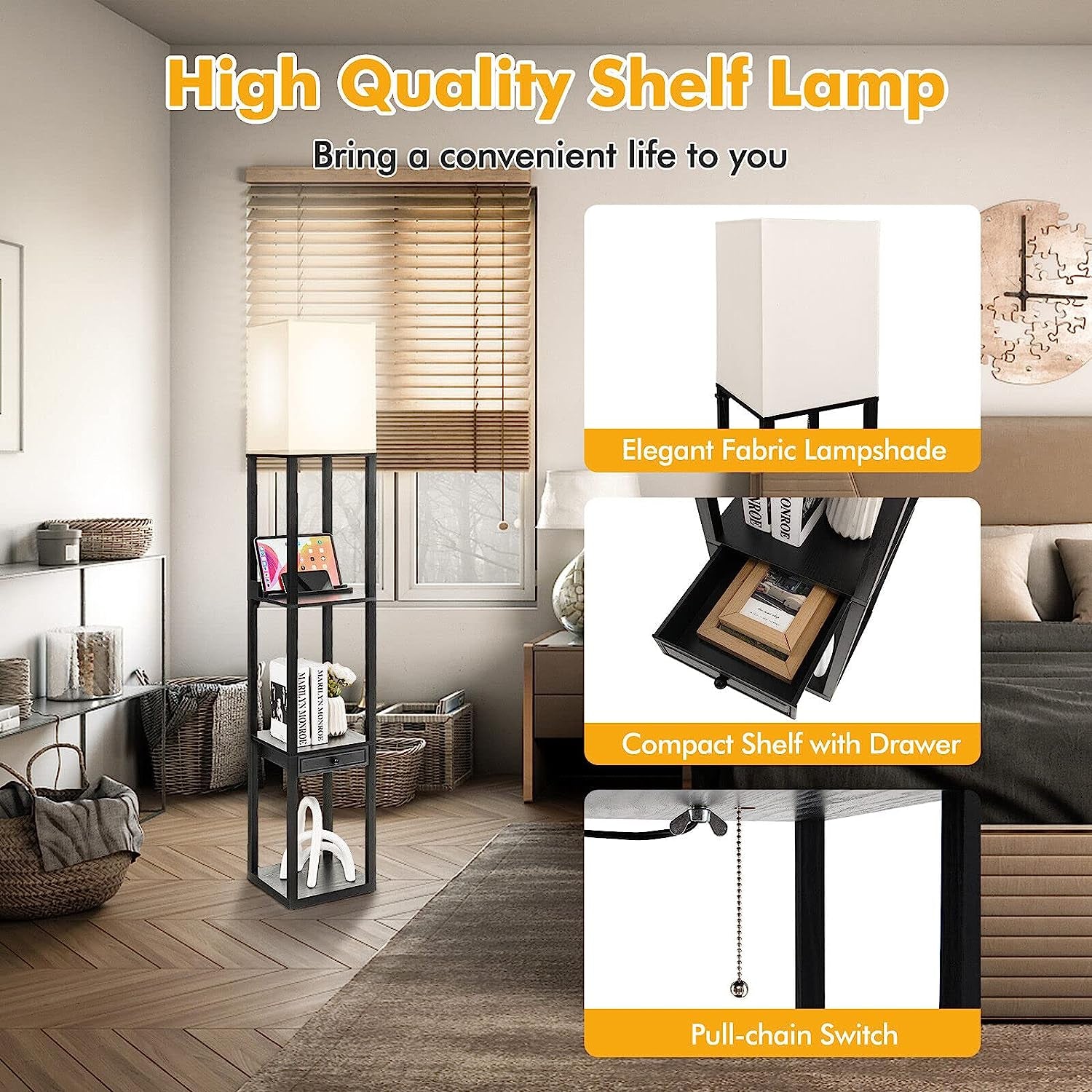 Modern Shelf Floor Lamp, Dimmable Standing Lamp Shelf W/ 1 Drawer & 1 USB Port, E27 5000K LED Bulb Included, Pull Chain Switch, 3-Level Brightness, Storage Lamp for Bedroom, Living Room