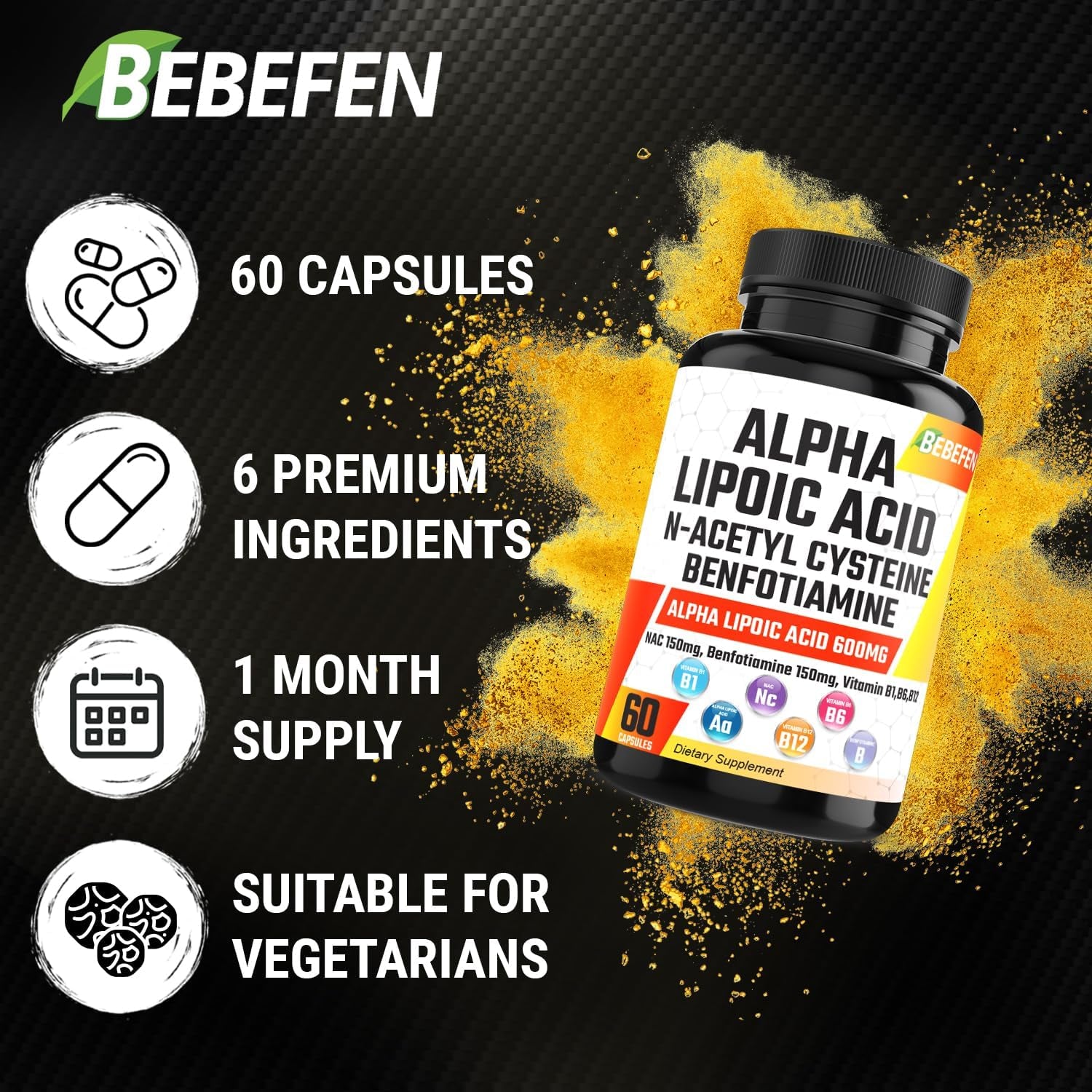 Alpha Lipoic Acid 𝟔𝟎𝟎𝐦𝐠 N-Acetyl Cysteine 150Mg Benfotiamine 150Mg Supplement with Vitamin B1 B6 - Support Focus, Brain Health & Overall- Alpha Lipoic Acid Capsules NAC Pills Benfotiamine Caps
