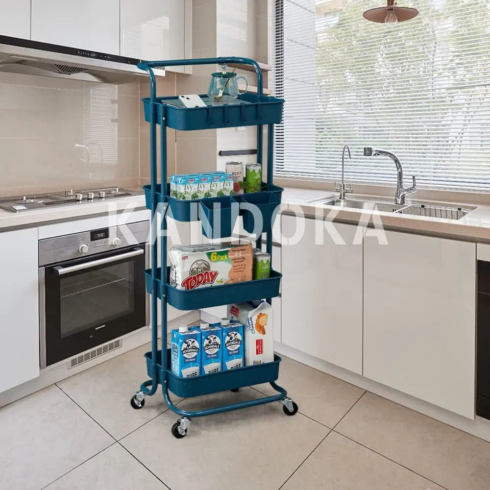 4 Tier Rolling Cart Organizer Kitchen Utility Cart with Wheels Kitchen Storage Cart on Wheels Spice Rack Organizer with Handle & Hooks & Cups Trolley Pantry Organizer Shelf Bathroom Accessories(Blue)