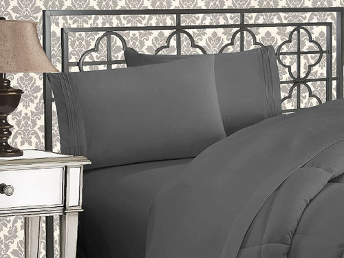 Luxurious 1500 Thread Count Egyptian Quality Three Line Embroidered Softest Premium Hotel Quality 4-Piece Bed Sheet Set, Wrinkle and Fade Resistant, Queen, Gray
