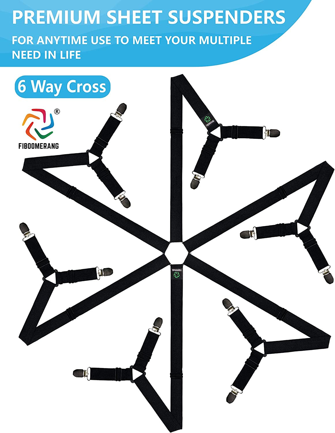 Bed Sheet Holder, Premium Bed Sheet Fasteners and Sheet Clips for Fitted Sheet, Bed Scrunchie with 6 Way Cross Elastic Bands and Corner Clips, Premium Sheet Suspenders Form  (Black)