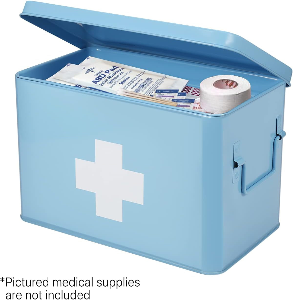 First Aid Medicine Box Supplies Kit Organizer - 13" Blue Metal Tin Medic Storage Bin Hard Case with Removable Tray White Cross, Vintage Antique Empty Boxes for Home Family Emergency Tool Set