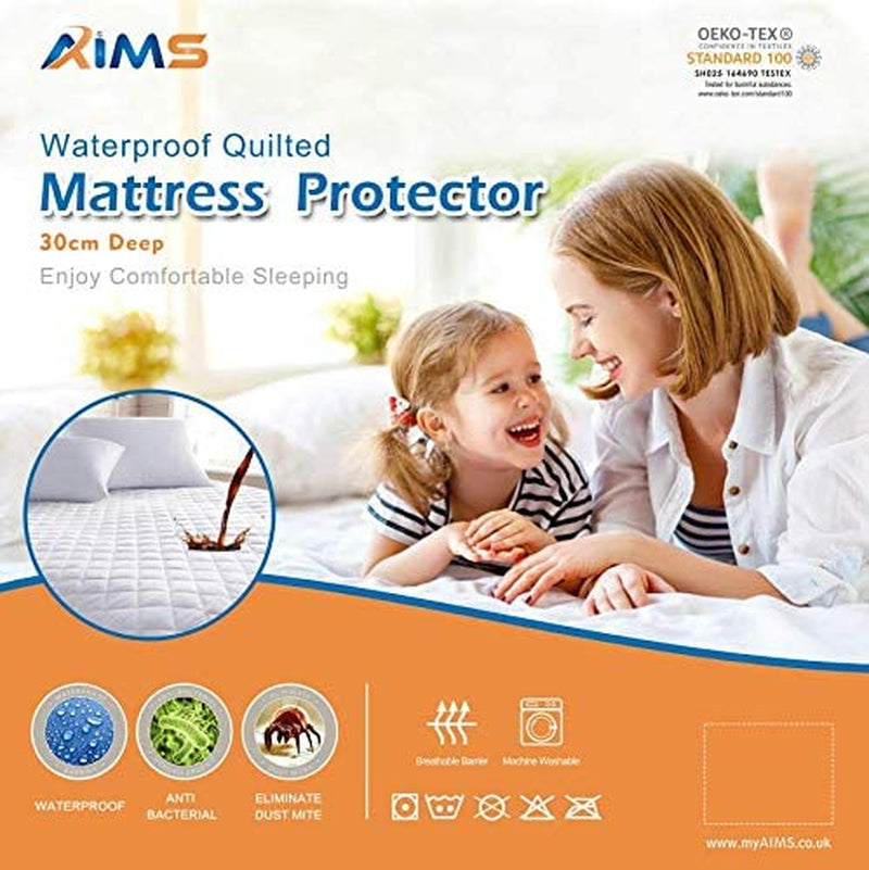 30Cm Deep 100% Waterproof & Moisture Quilted Mattress Protector DOUBLE Fitted Cover Microfiber Quilted Topper Fitted Sheet, anti Allergy and Breathable Elasticated Skirts