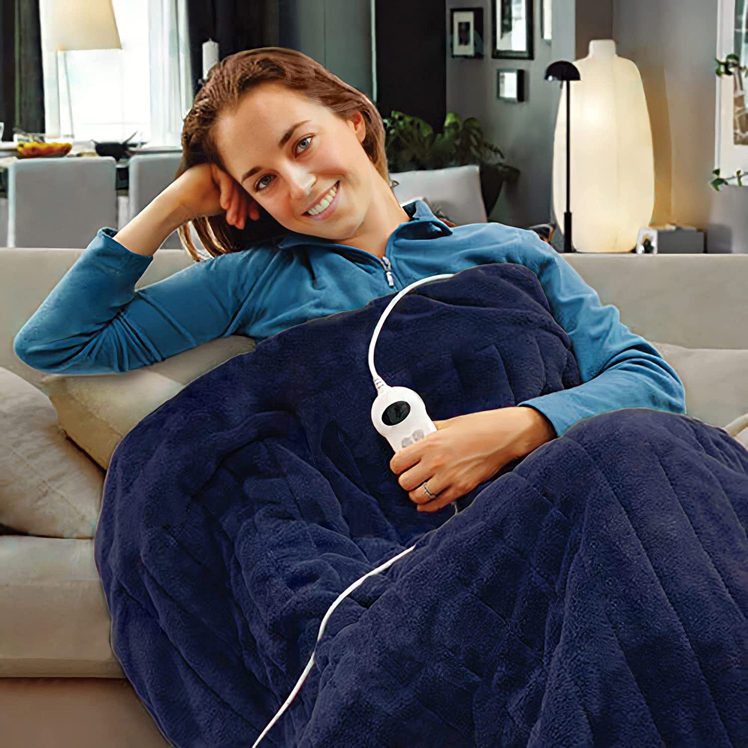 Electric Heated Throw Rug Snuggle Blanket 9 Smart Heat Settings Timer Control Washable Fleece Winter Snuggle Blanket T,160 X130Cm (Navy Blue)