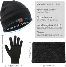 Load image into Gallery viewer, Winter Beanie Gloves Scarf Set Men and Women Scarf Gloves Set Winter Warm Knitted Beanie and Touch Screen Gloves(Black 3 Pieces)
