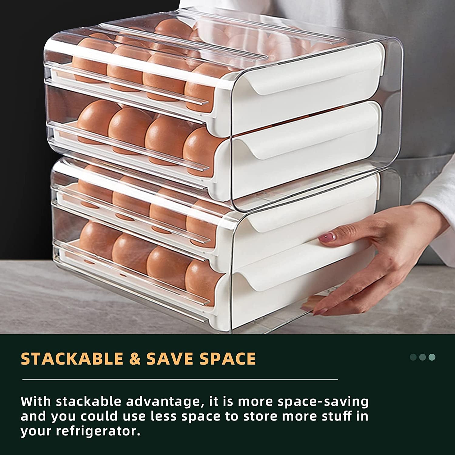 Egg Container for Refrigerator, Double-Layer 32 Grid Egg Holder Egg Tray, Refrigerator Egg Storage Tray Egg Holder Container Drawer, Stackable Clear Egg Organizer Storage Box (White)