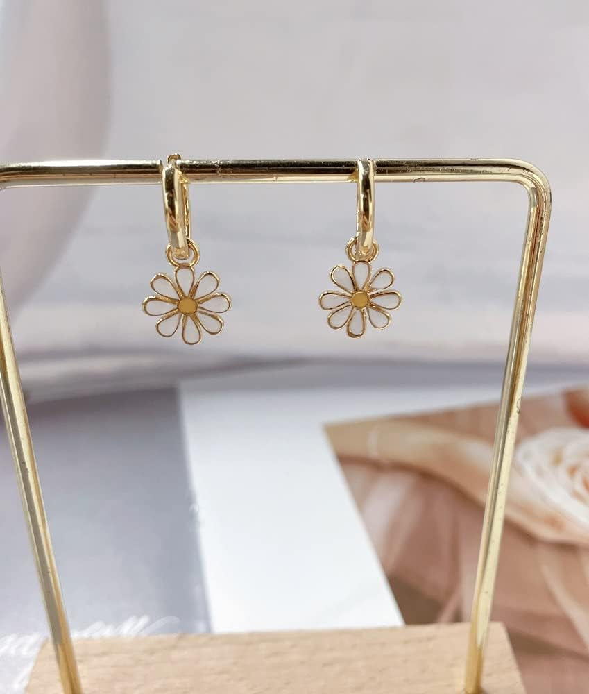 Small Hoop with Daisy Flower Charm Earrings for Women Teen Girls Cartilage Hypoallergenic Nickel Free Dainty Cute 14K Gold Plated Lucky Flowers Short Dangle Drop Piercing Hinged Huggie Hoops Fashion Jewelry