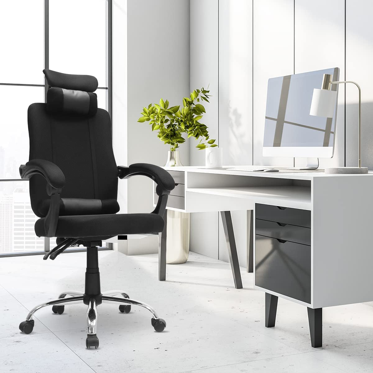 Home Office Chair, 135° High Back Study Ergo Computer Chair Height Adjustable Desk Chair W/Headrest, Breathable Mesh Chair Black