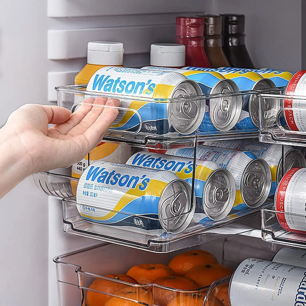 Fridge Organiser, Refrigerator Storage Bins with Rolling, 2-Tier Can Dispenser, Drink Food Storage, Home Kitchen Organisation, Soda Beverage Container, for Fridge Freezer Pantry Countertop Cabinets