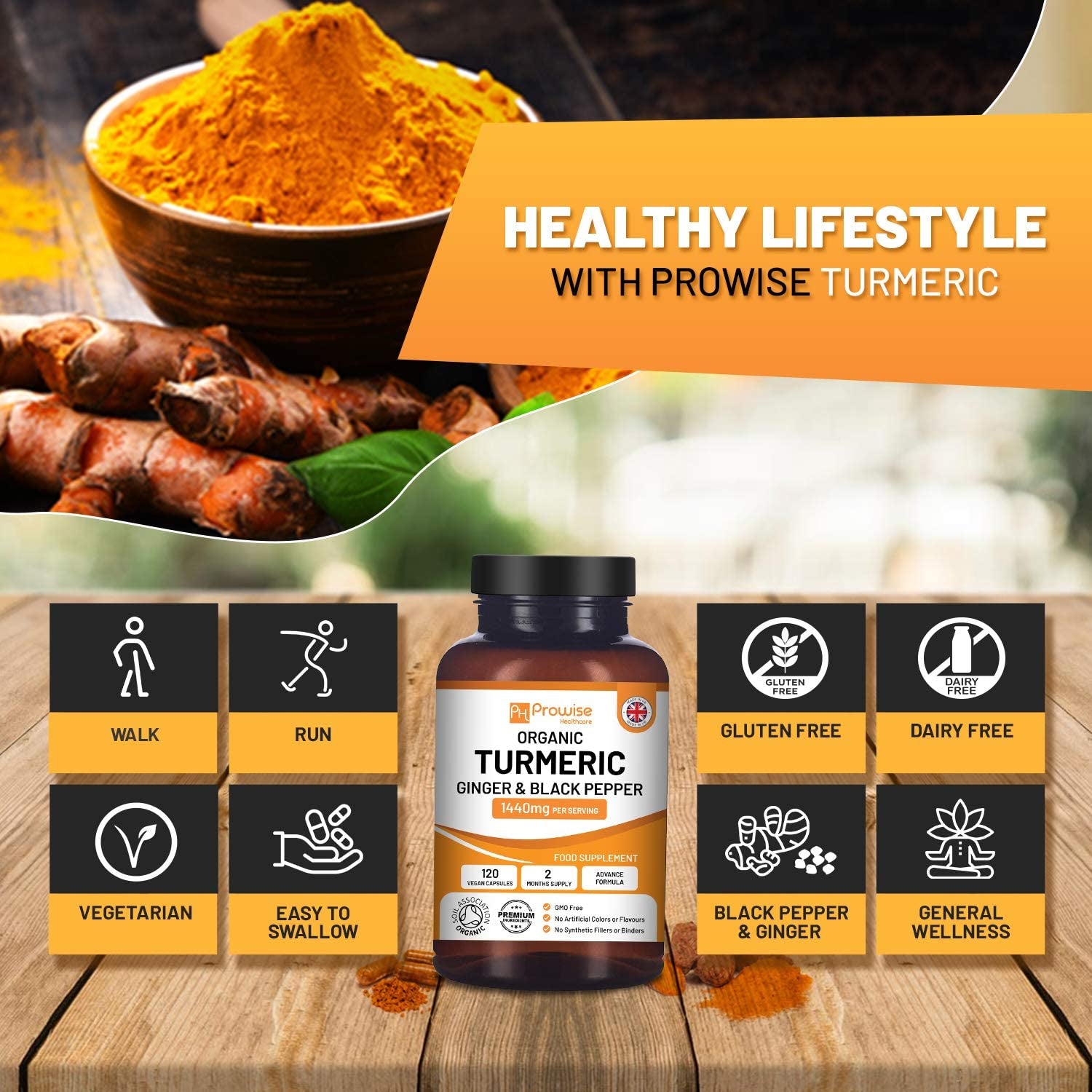 Turmeric Curcumin 1440Mg with Black Pepper & Ginger I 120 Vegan Turmeric Capsules High Strength (2 Month Supply) I Made in the UK by Prowise Healthcare