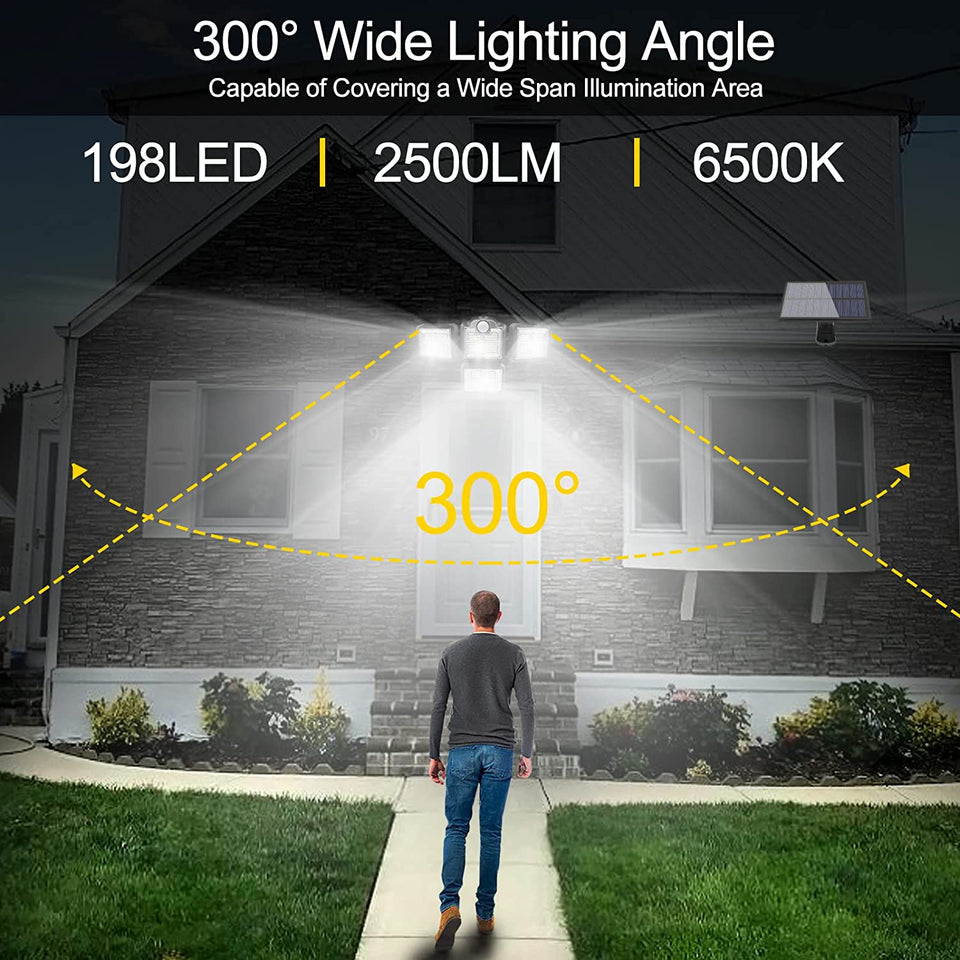 Solar Lights Outdoor, Motion Sensor Security Lights, Separate Solar Panel, 4 Adjustable Head, 198 LED 300° Wide Angle, Waterproof Wall Lights for Porch Yard Garage Pathway