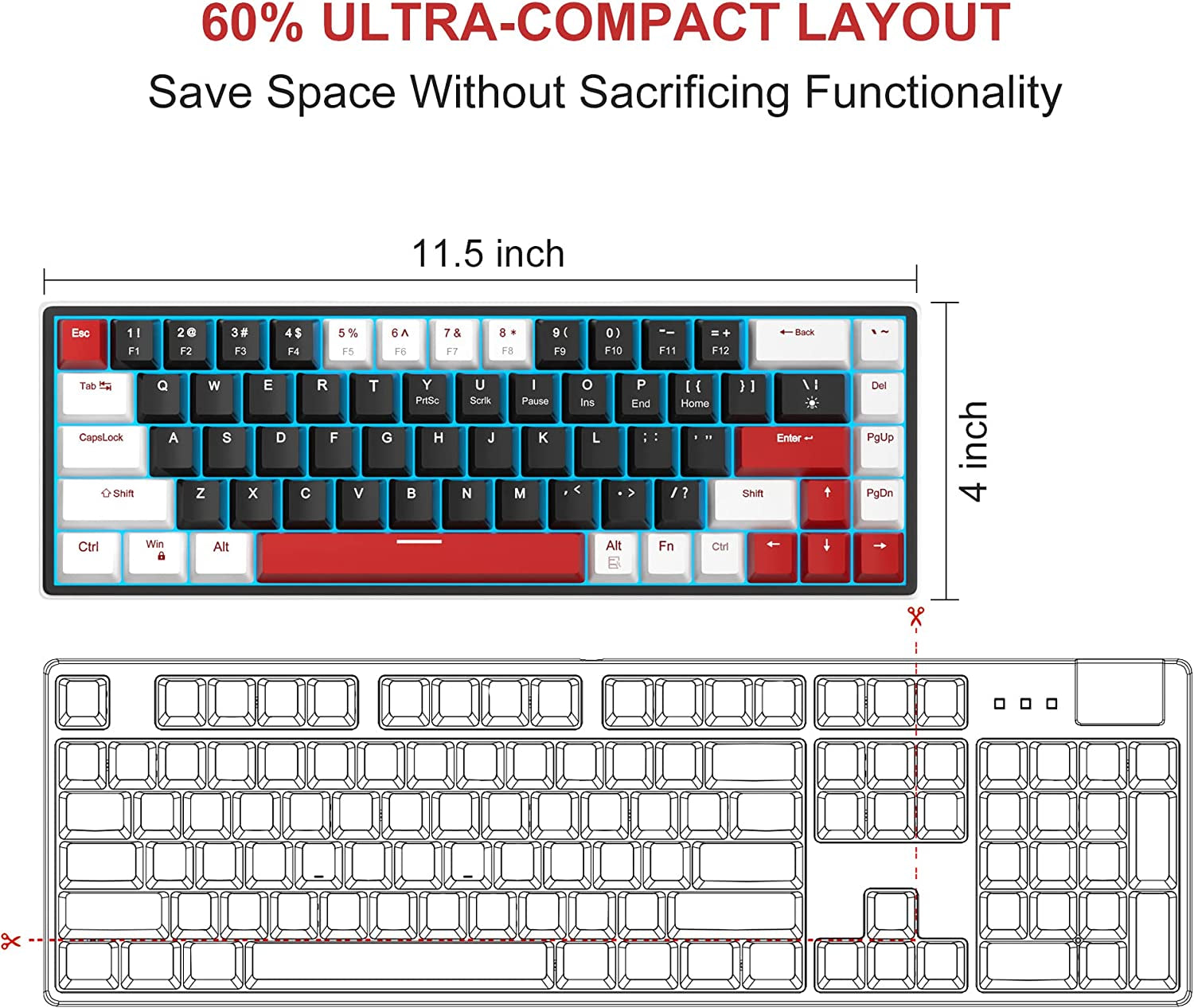 60% Mechanical Gaming Keyboard, 68 Keys Hot-Swappable Compact Blue LED Backlit Gaming Keyboard,  SKY68 Wired Ergonomic Mini Office Keyboard for Windows PC Gamer (Red Switch, White & Black)