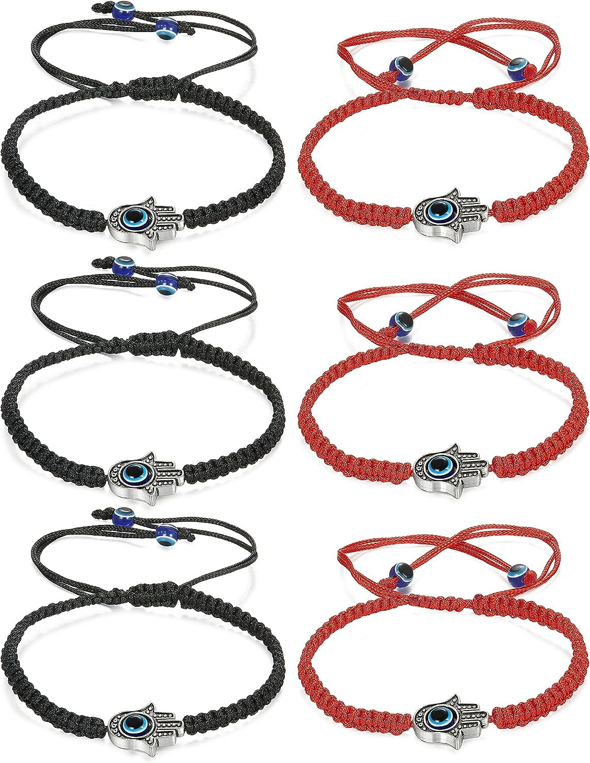 6Pcs Braided String Kabbalah Bracelets Rotating Evil Eye Hamsa Hand for Protection Bracelet Red/Black String