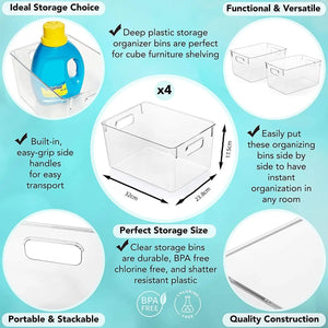 [4 Pack]  Extra Large Clear Storage Containers Pantry Organiser for Closet, Pantry, under Sink, Bathroom - Stackable Plastic Storage Bins with Handle for Cabinet, Cupboard, Kitchen & Home Organisation
