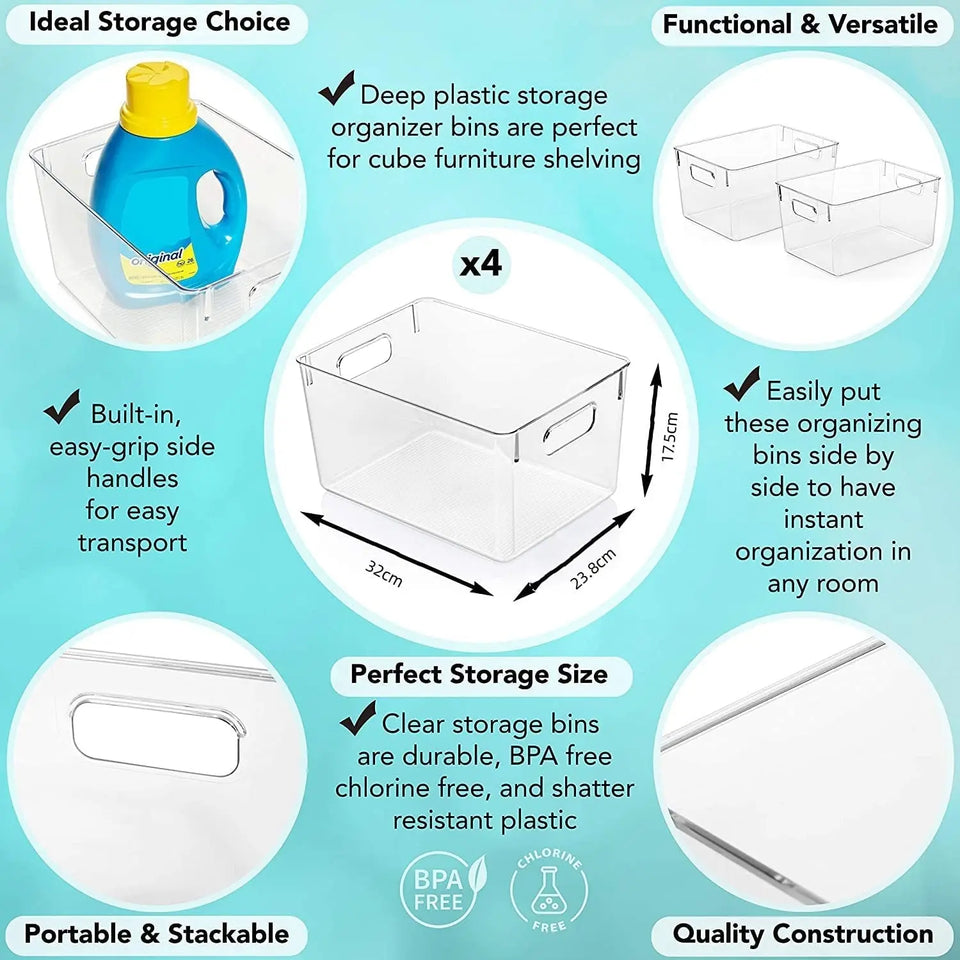 [4 Pack]  Extra Large Clear Storage Containers Pantry Organiser for Closet, Pantry, under Sink, Bathroom - Stackable Plastic Storage Bins with Handle for Cabinet, Cupboard, Kitchen & Home Organisation